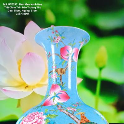 Bình Sứ Men Xanh hoạ tiết Chim Trĩ - Đào Trường Thọ - sản phẩm cao cấp - hàng thủ công